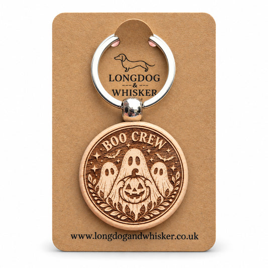 Boo Crew ghosts engraved wooden keyring on Longdog and Whisker card