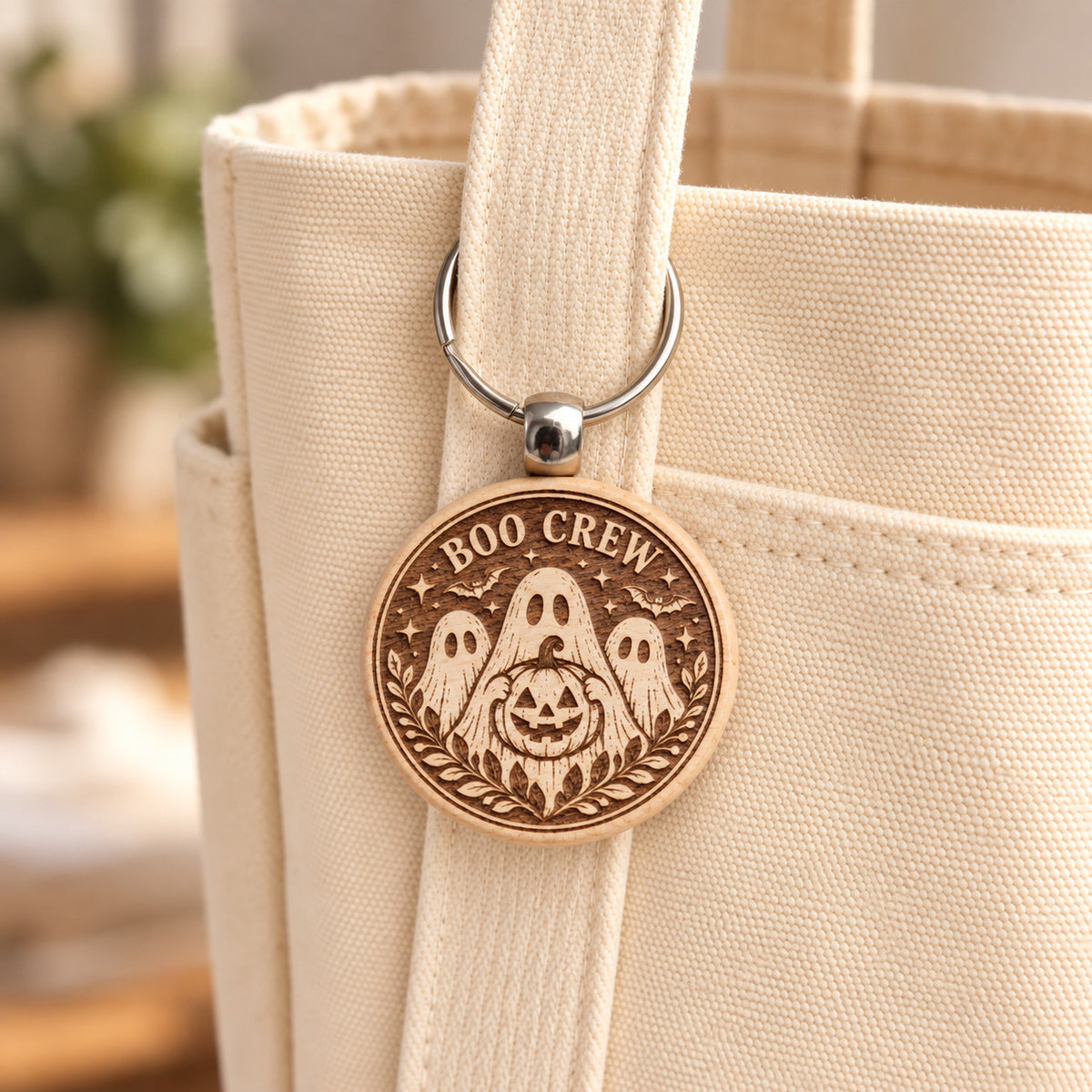 Boo Crew ghosts wooden keyring attached to a cream canvas tote bag