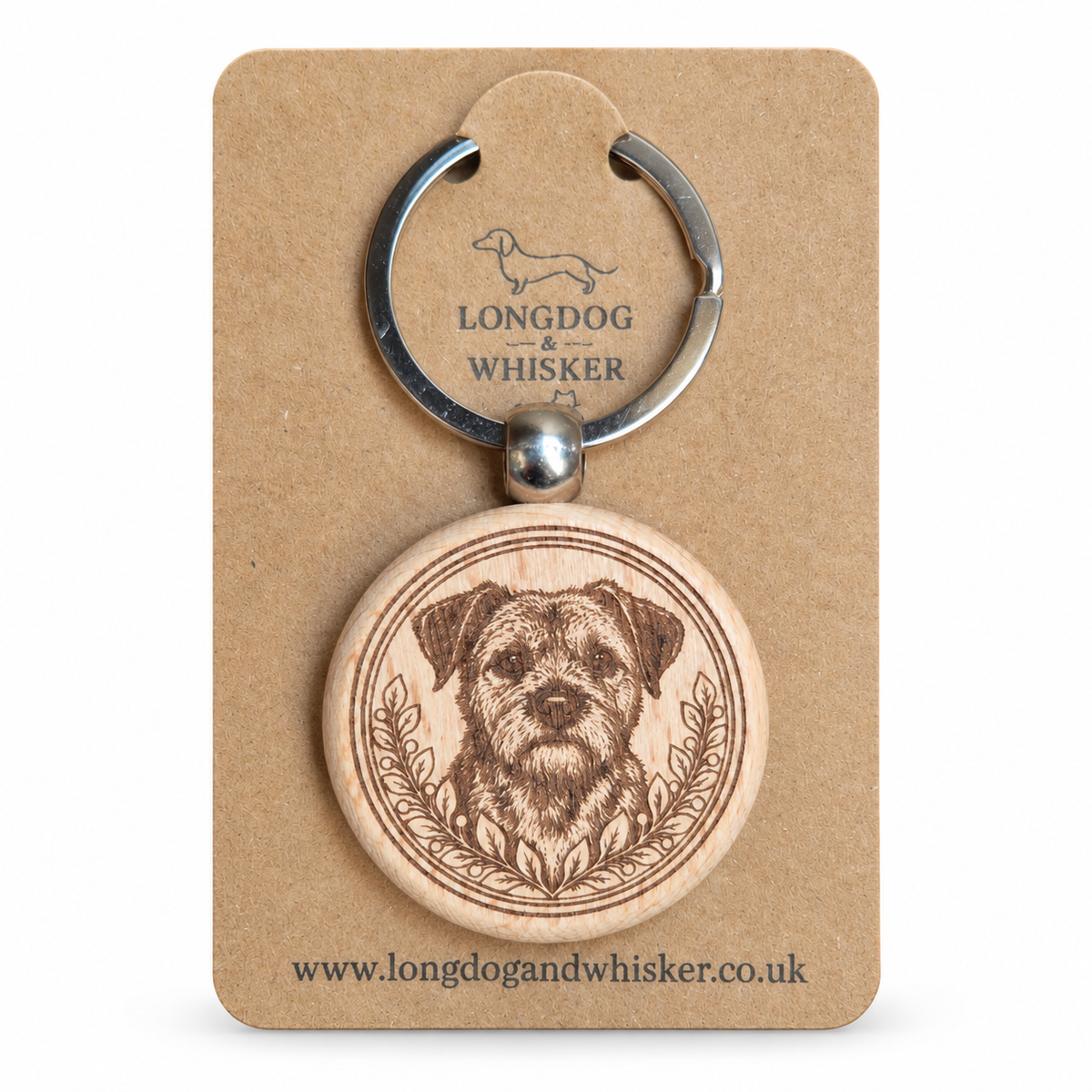 Border Terrier wooden keyring with leafy portrait frame on Longdog & Whisker kraft card