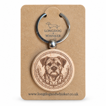 Border Terrier wooden keyring with leafy portrait frame on Longdog & Whisker kraft card