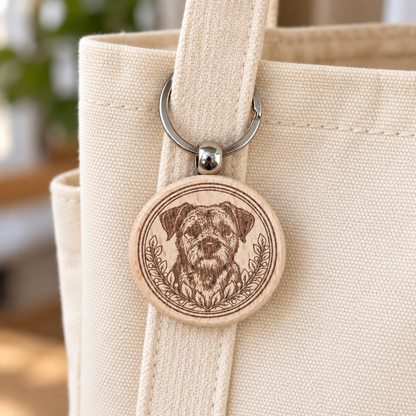 Border Terrier wooden keyring attached to a cream canvas tote handle