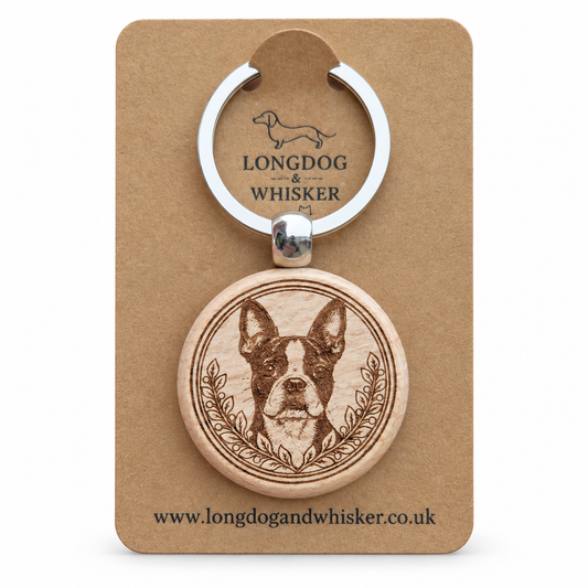 Boston Terrier wooden keyring with leafy portrait frame on Longdog & Whisker kraft card