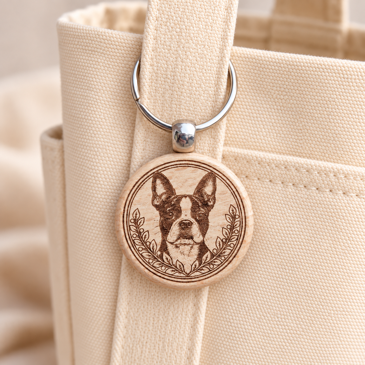 Boston Terrier wooden keyring attached to a cream canvas tote handle