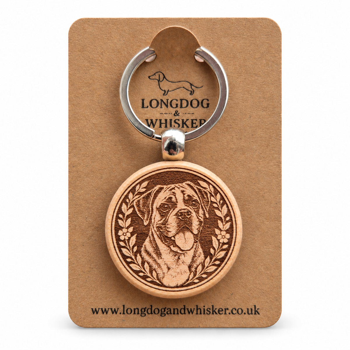 Boxer wooden keyring on a Longdog & Whisker product card