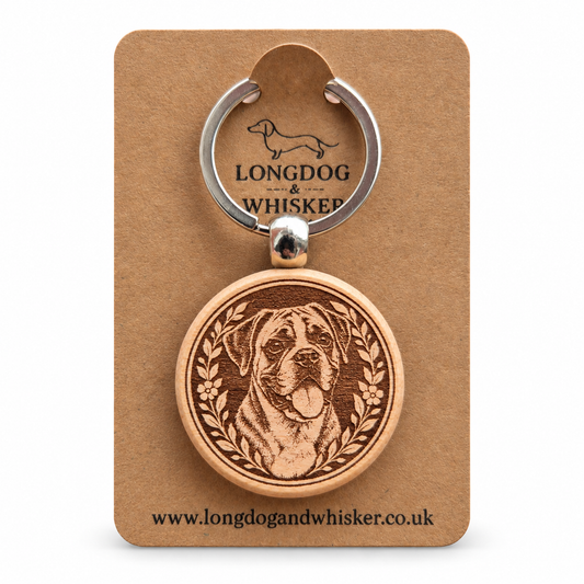 Boxer wooden keyring on a Longdog & Whisker product card
