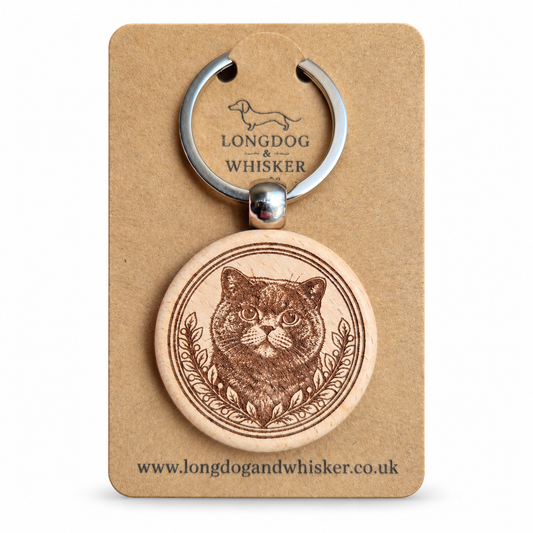 British Shorthair cat wooden keyring with leafy border on Longdog & Whisker kraft card