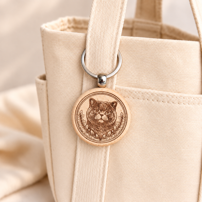 British Shorthair cat wooden keyring attached to a cream canvas tote handle