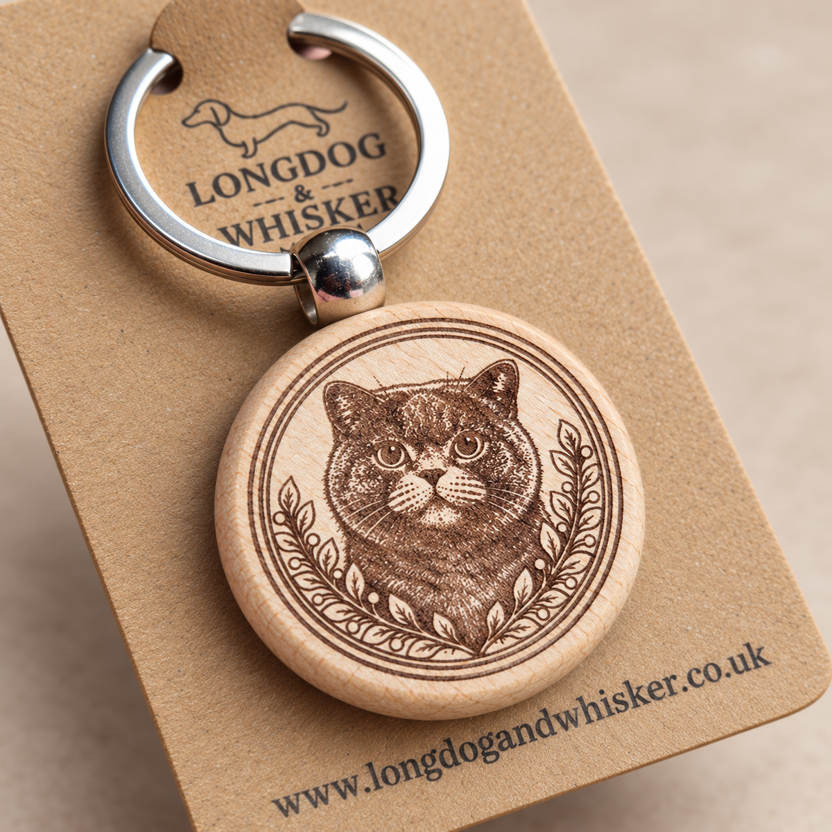 Close-up of British Shorthair cat portrait, leafy border, wood edge and silver connector