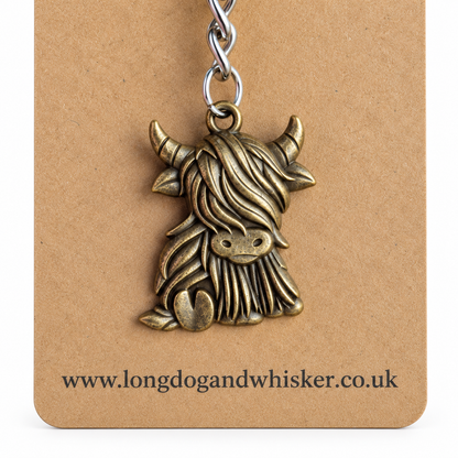 Close-up detail of Bronze Highland Cow Keyring and Bag Charm
