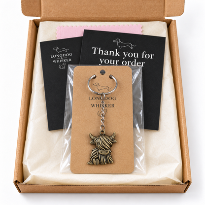 Bronze Highland Cow Keyring and Bag Charm in Longdog & Whisker gift packaging