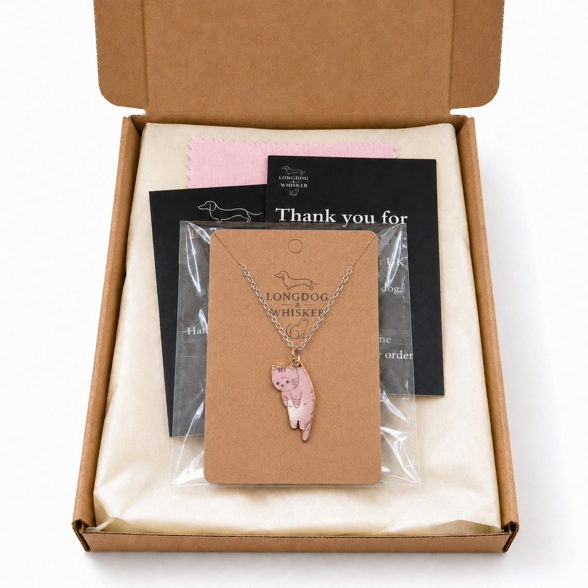 Scruffles Cat Necklace - Brown with Longdog & Whisker packaging