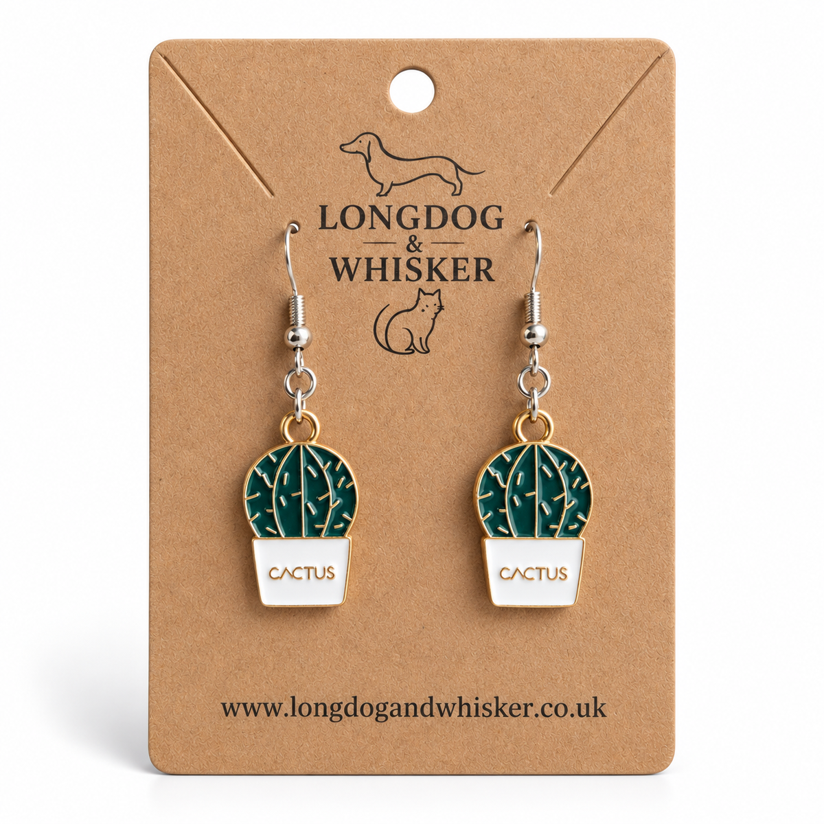 Cacti 'Cactus' Earrings with silver-tone hooks on a Longdog & Whisker product card