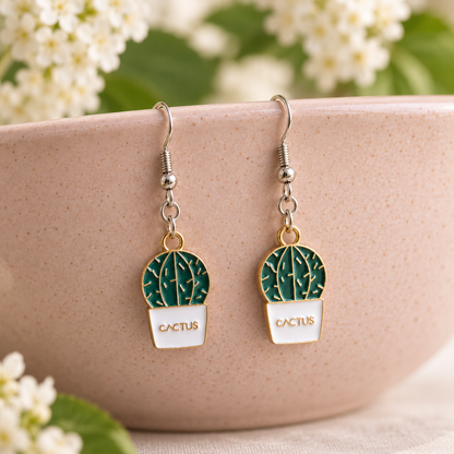 Cacti 'Cactus' Earrings with silver-tone hooks on a blush speckled bowl