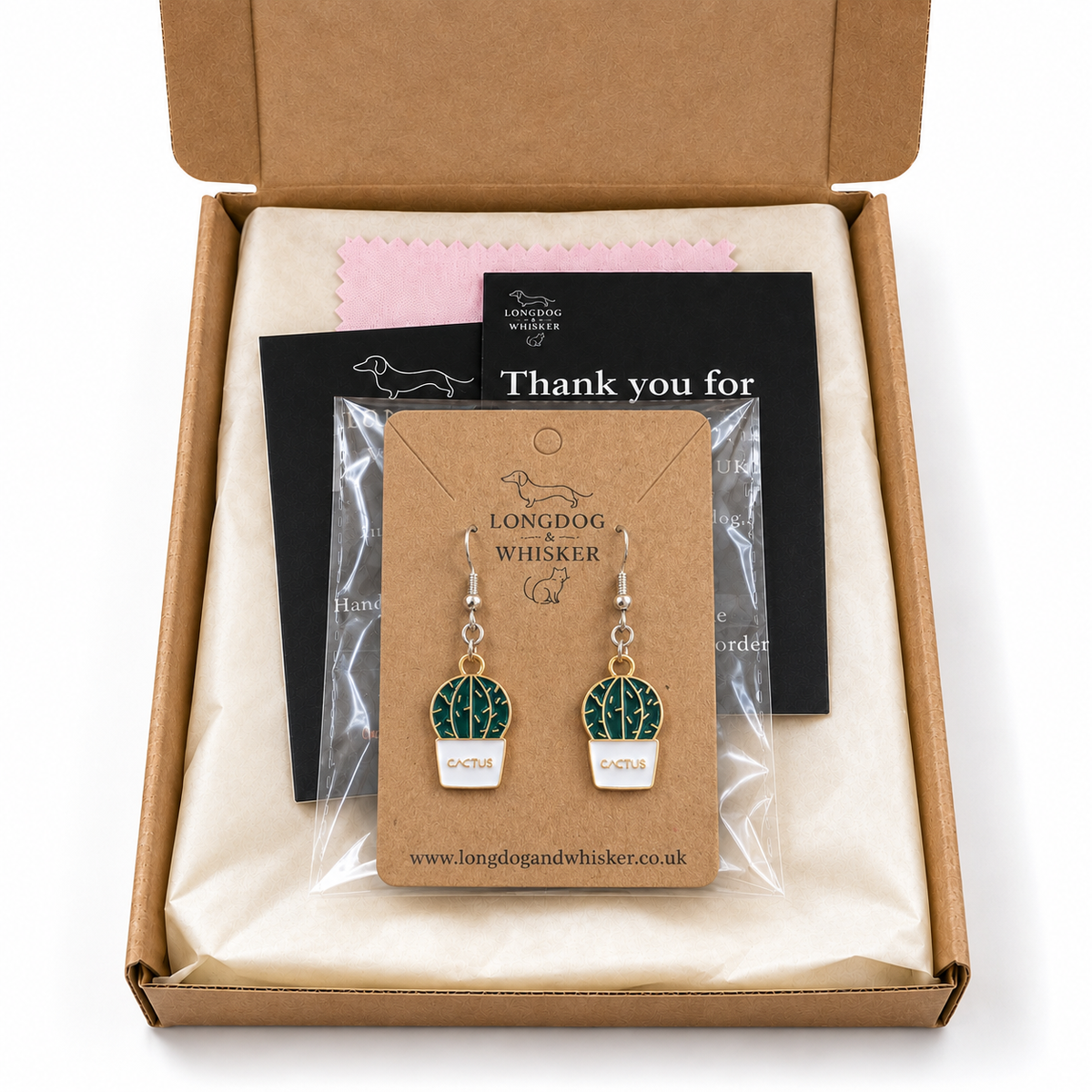 Cacti 'Cactus' Earrings with silver-tone hooks in Longdog & Whisker gift packaging