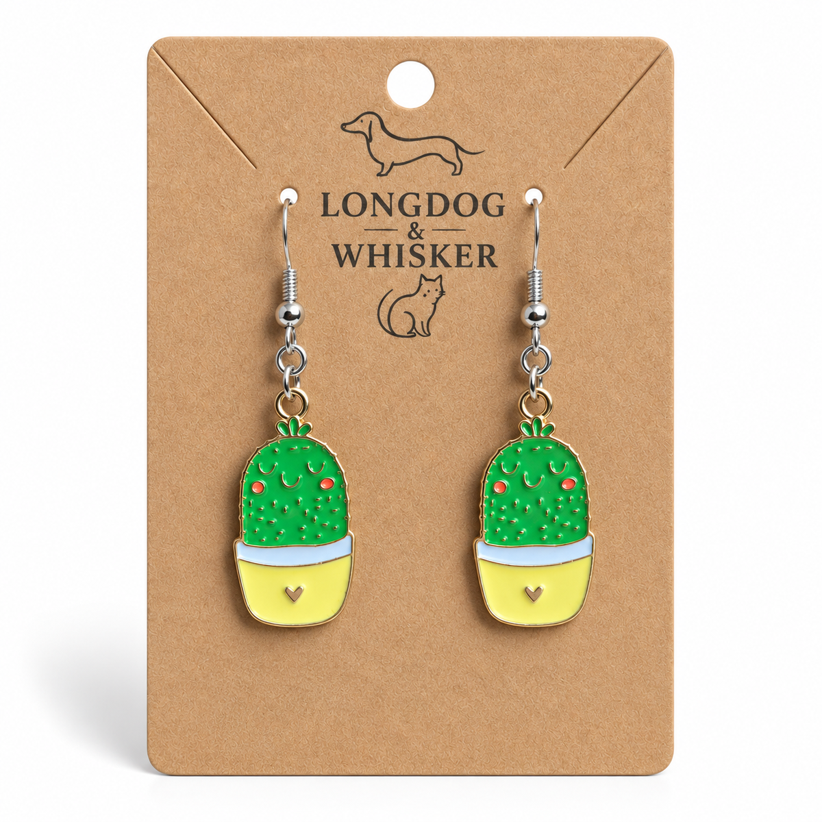 Cacti Heart Earrings with silver-tone hooks on a Longdog & Whisker product card