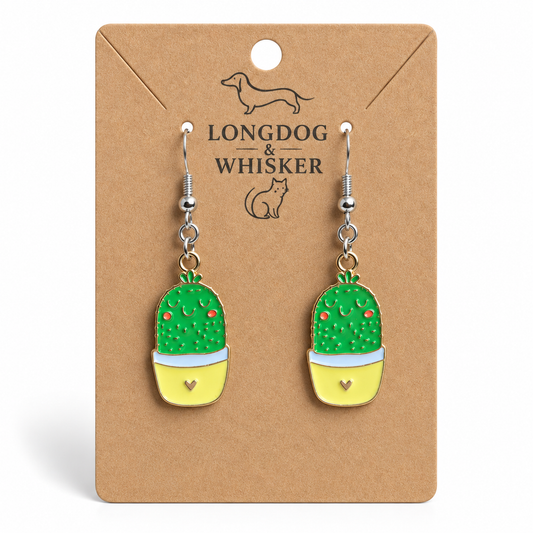 Cacti Heart Earrings with silver-tone hooks on a Longdog & Whisker product card