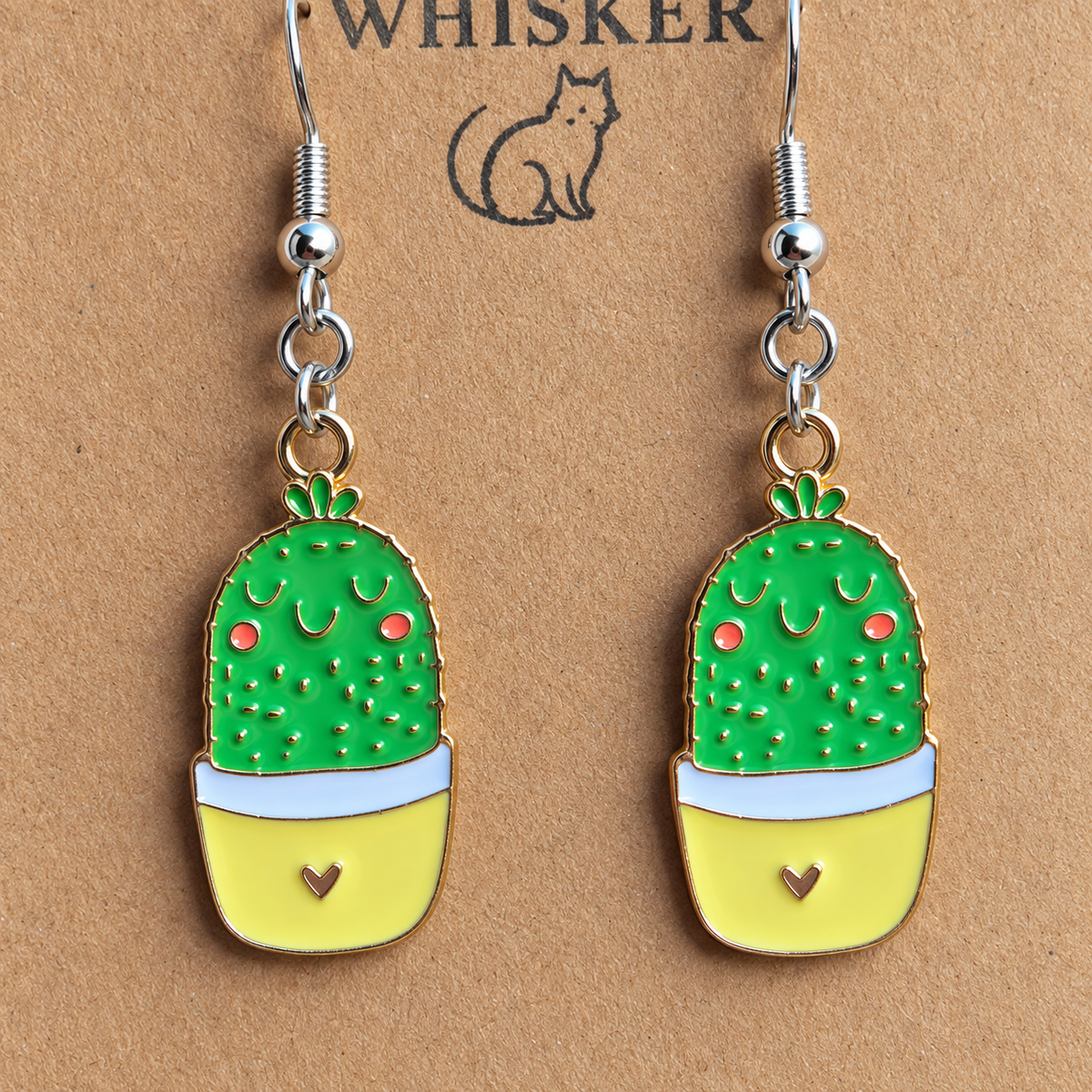 Close-up of Cacti Heart Earrings with silver-tone hooks and gold-tone charm trim