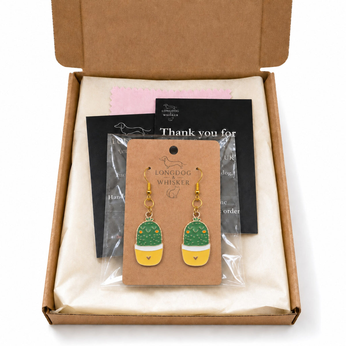 Cacti Heart Earrings with Longdog & Whisker packaging