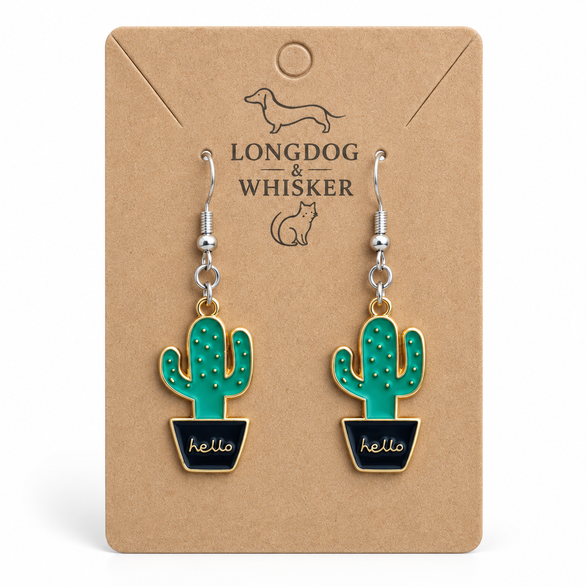 Cacti Hello Earrings with silver-tone hooks on a Longdog & Whisker product card