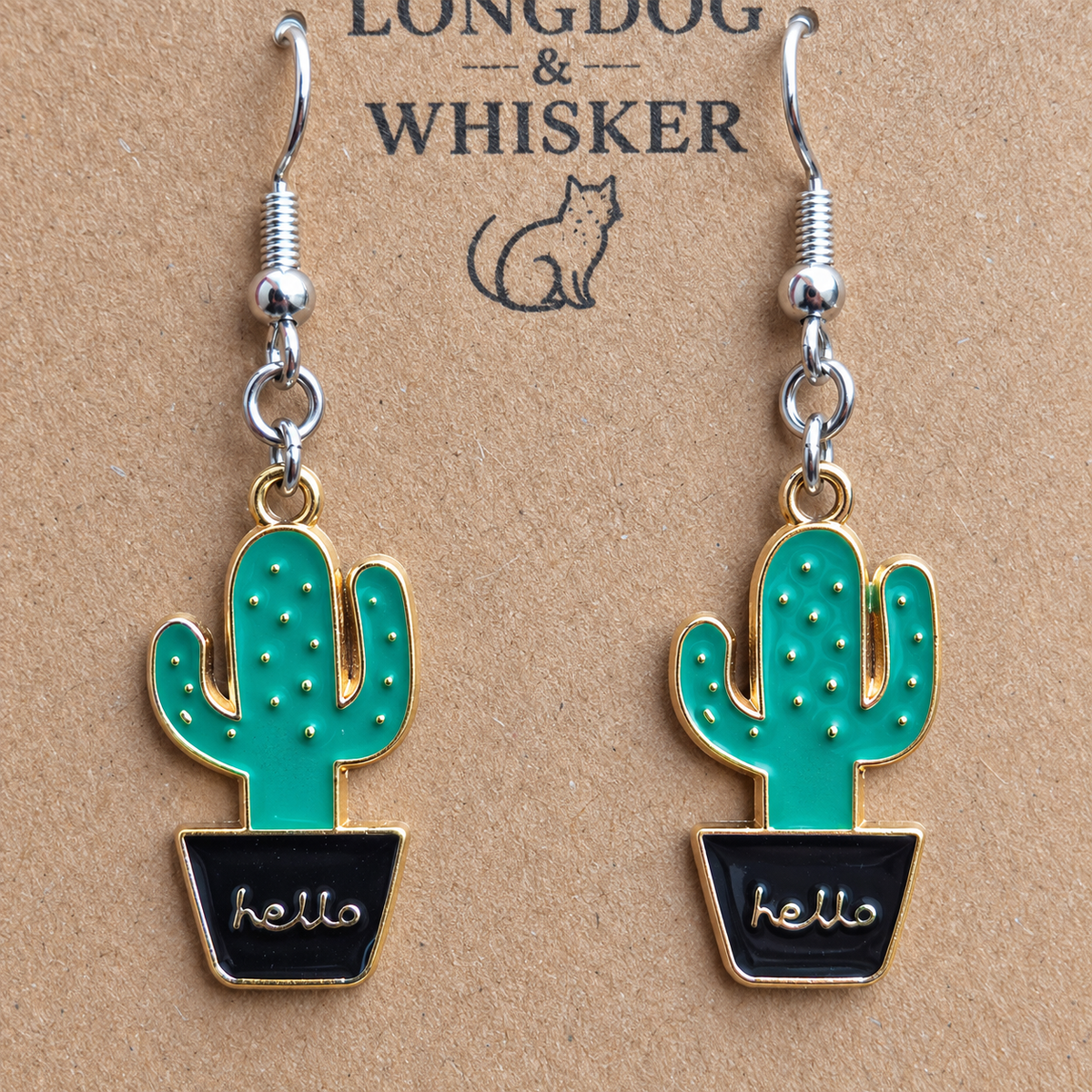Close-up of Cacti Hello Earrings with silver-tone hooks and gold-tone charm trim