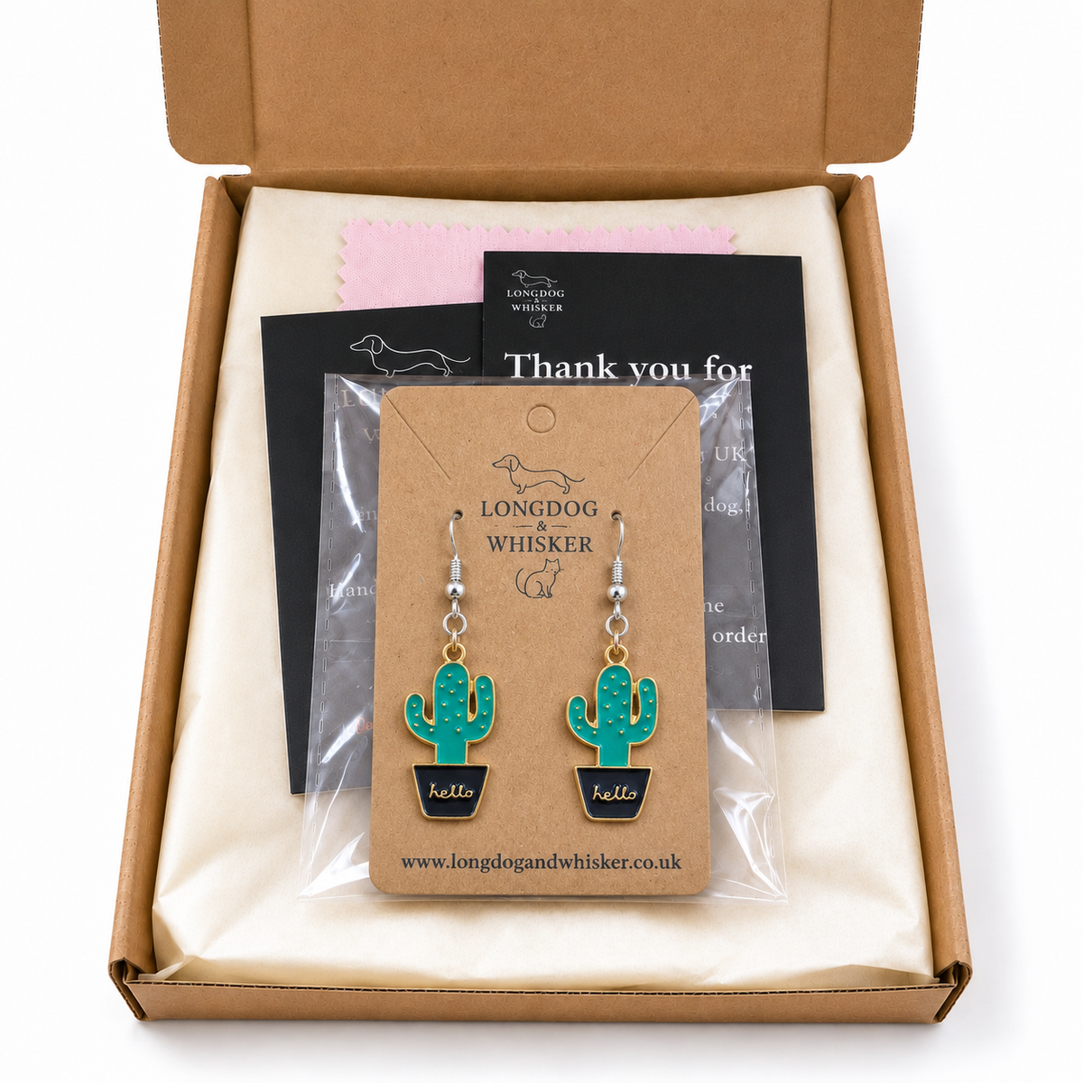 Cacti Hello Earrings with silver-tone hooks in Longdog & Whisker gift packaging