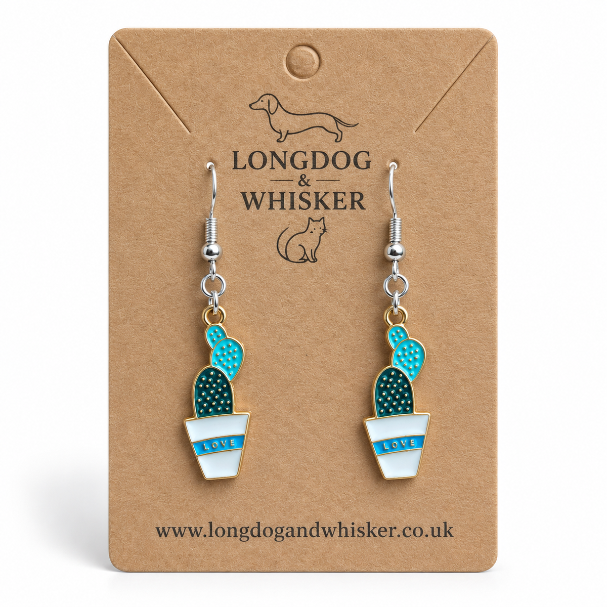 Cacti Love Earrings with silver-tone hooks on a Longdog & Whisker product card