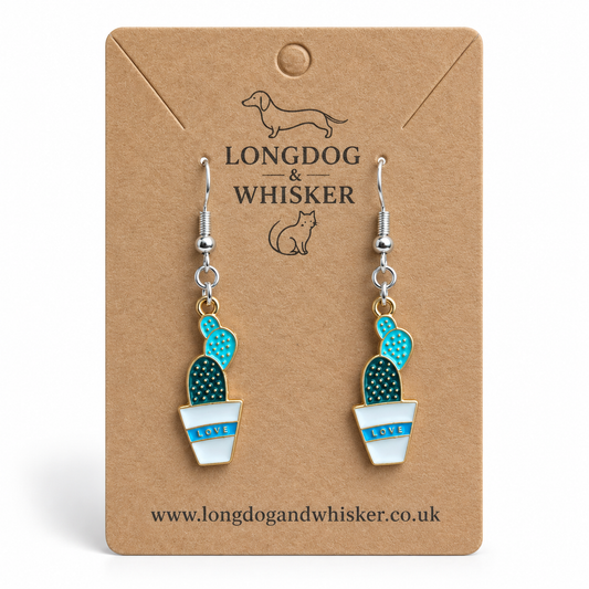 Cacti Love Earrings with silver-tone hooks on a Longdog & Whisker product card