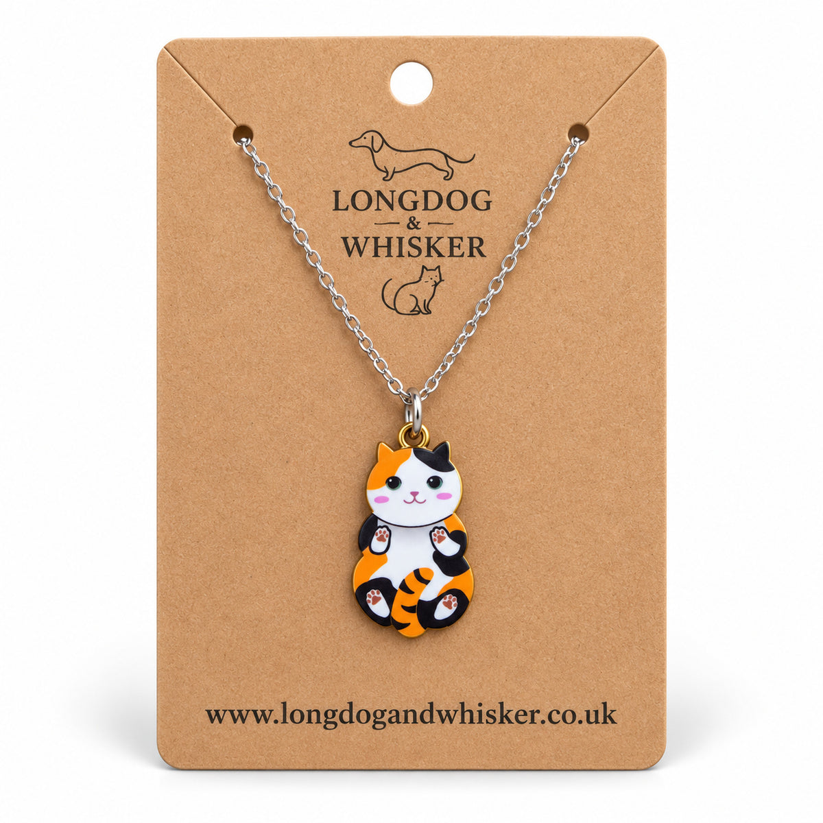 Calico Belly Rub Cat Necklace on a silver-tone chain displayed on a Longdog & Whisker kraft card