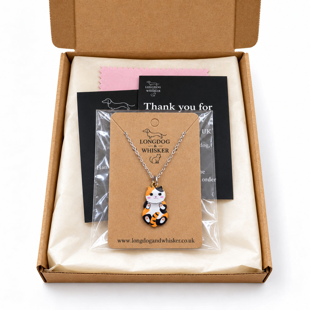 Calico Belly Rub Cat Necklace in gift-ready Longdog & Whisker packaging