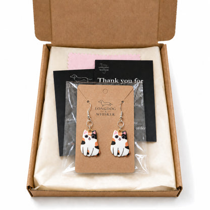 Chonky Cat Earrings - Calico with Longdog & Whisker packaging