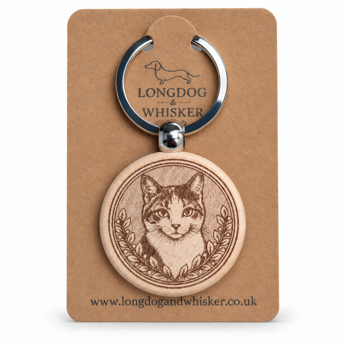 Calico cat wooden keyring with leafy portrait border on a Longdog & Whisker kraft card