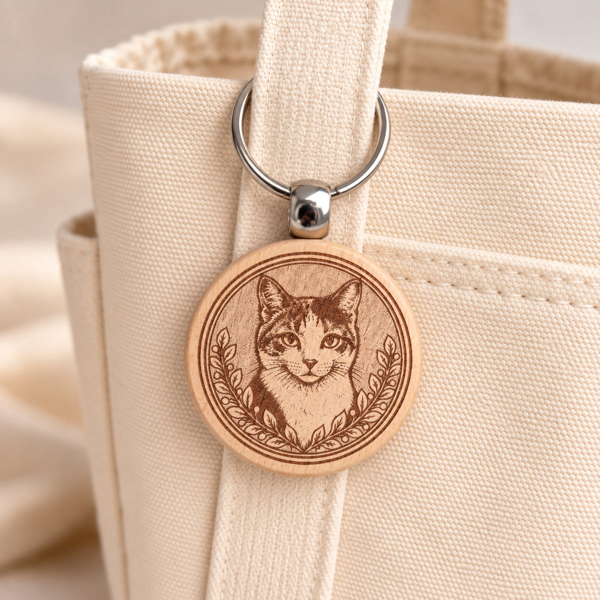 Calico cat wooden keyring attached to a cream canvas tote handle