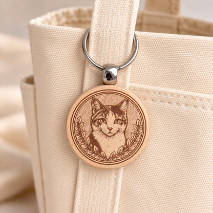Calico cat wooden keyring attached to a cream canvas tote handle