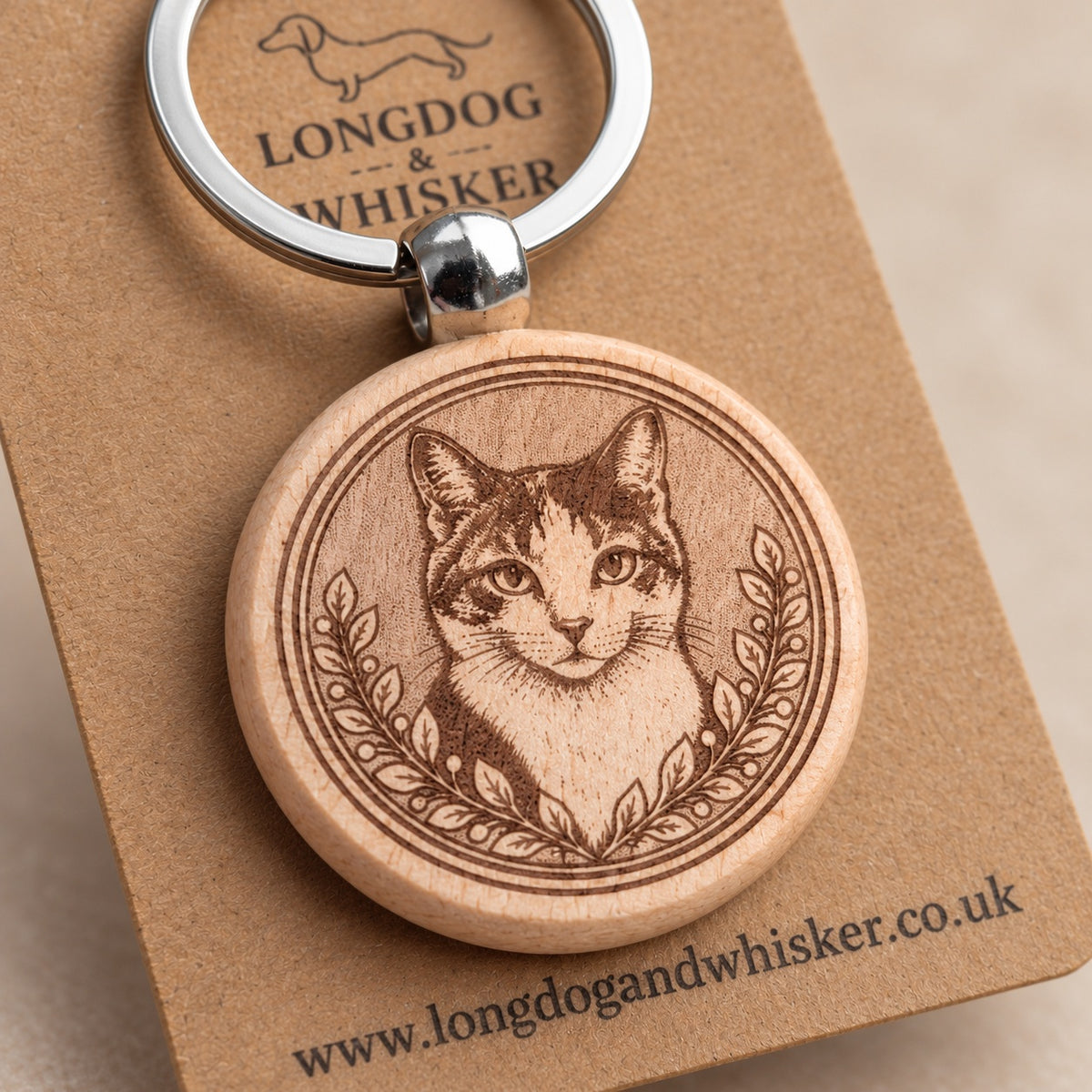 Close-up of the calico cat portrait, leafy border, rounded wooden edge and silver-tone connector