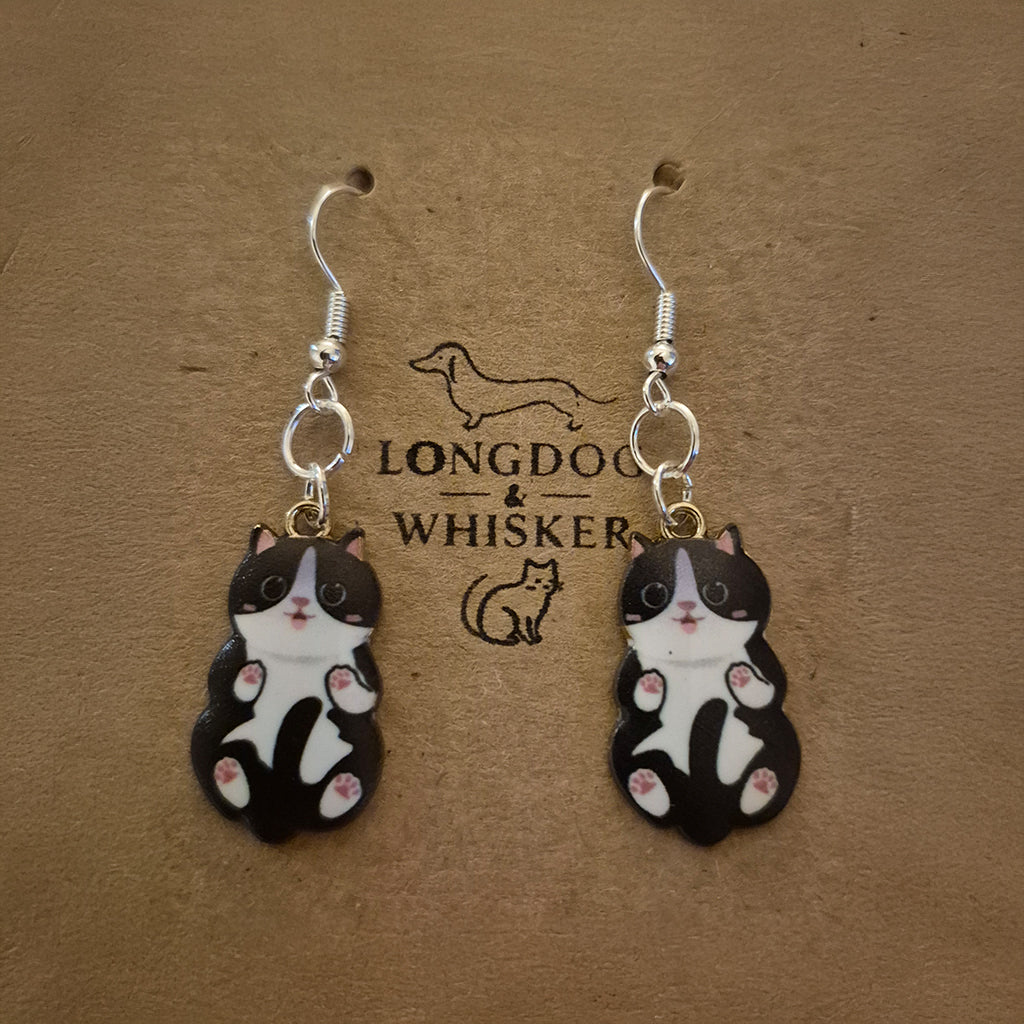 Belly Rub Cat Earrings - Black & White