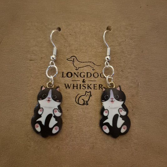 Belly Rub Cat Earrings - Black & White