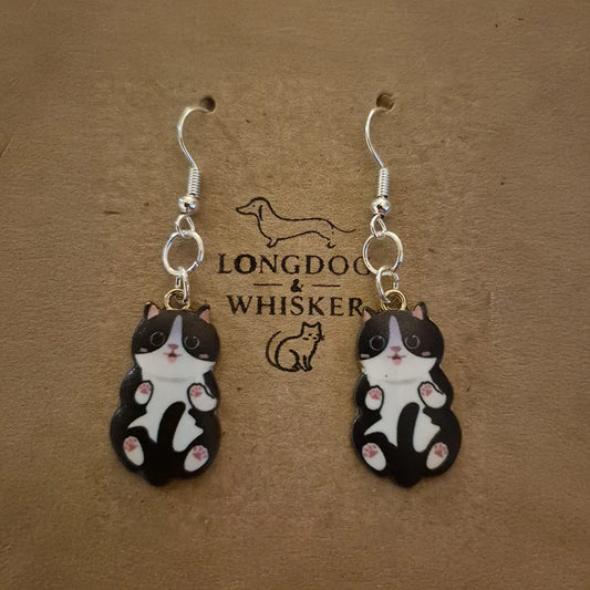 Belly Rub Cat Earrings - Black & White