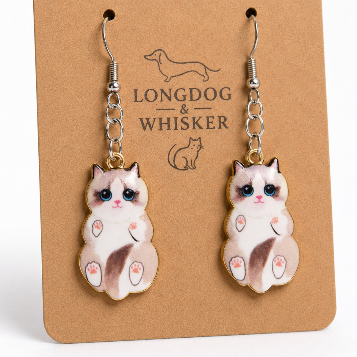 Close-up detail of Belly Rub Cat Earrings - Ragdoll