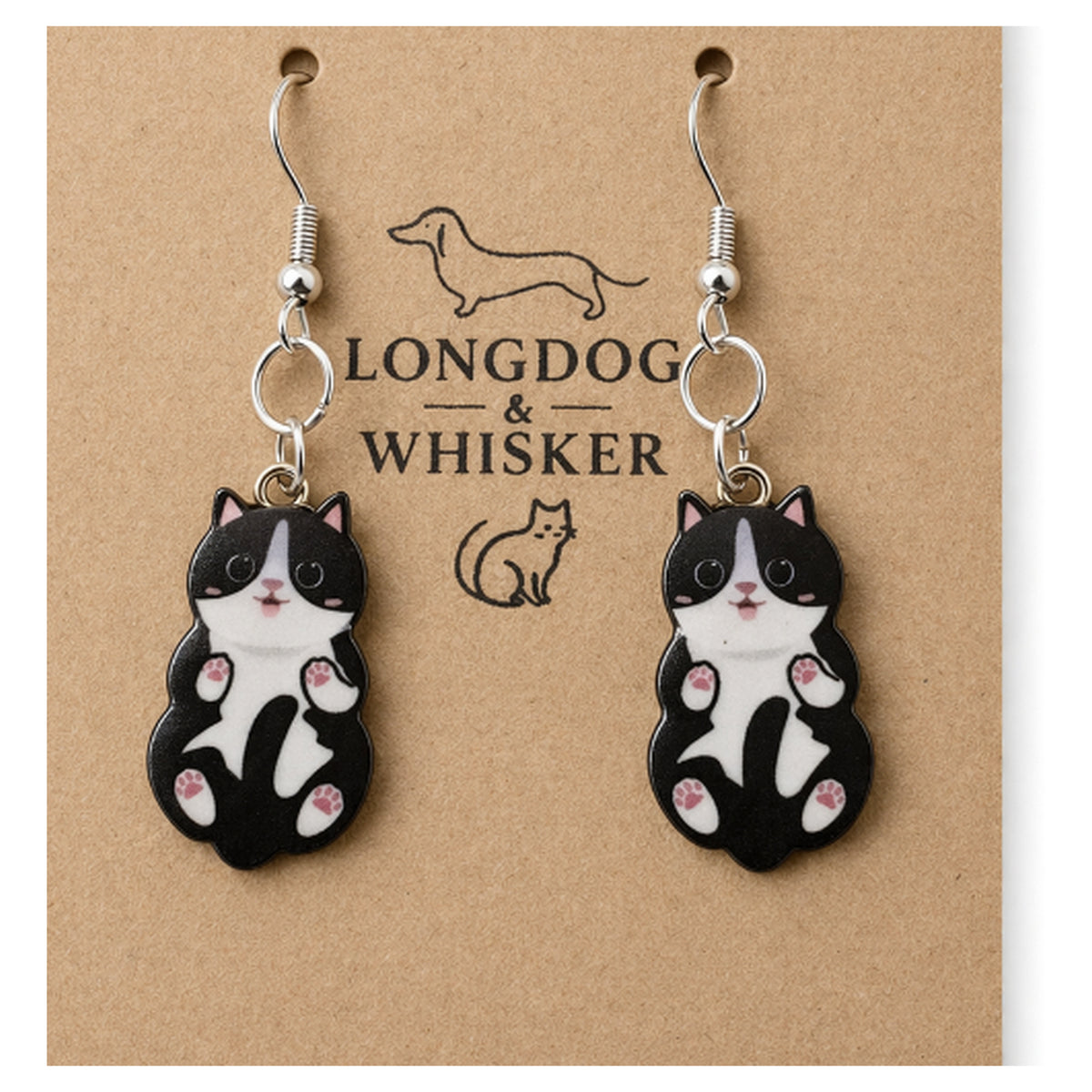 Close-up detail of Belly Rub Cat Earrings - Black & White
