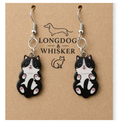 Close-up detail of Belly Rub Cat Earrings - Black & White