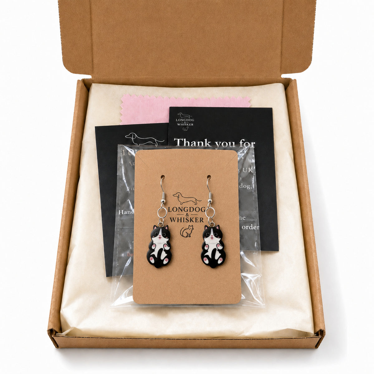 Belly Rub Cat Earrings - Black & White with Longdog & Whisker packaging