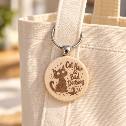 Cat Hair and Bad Decisions wooden keyring hanging from a cream canvas tote bag