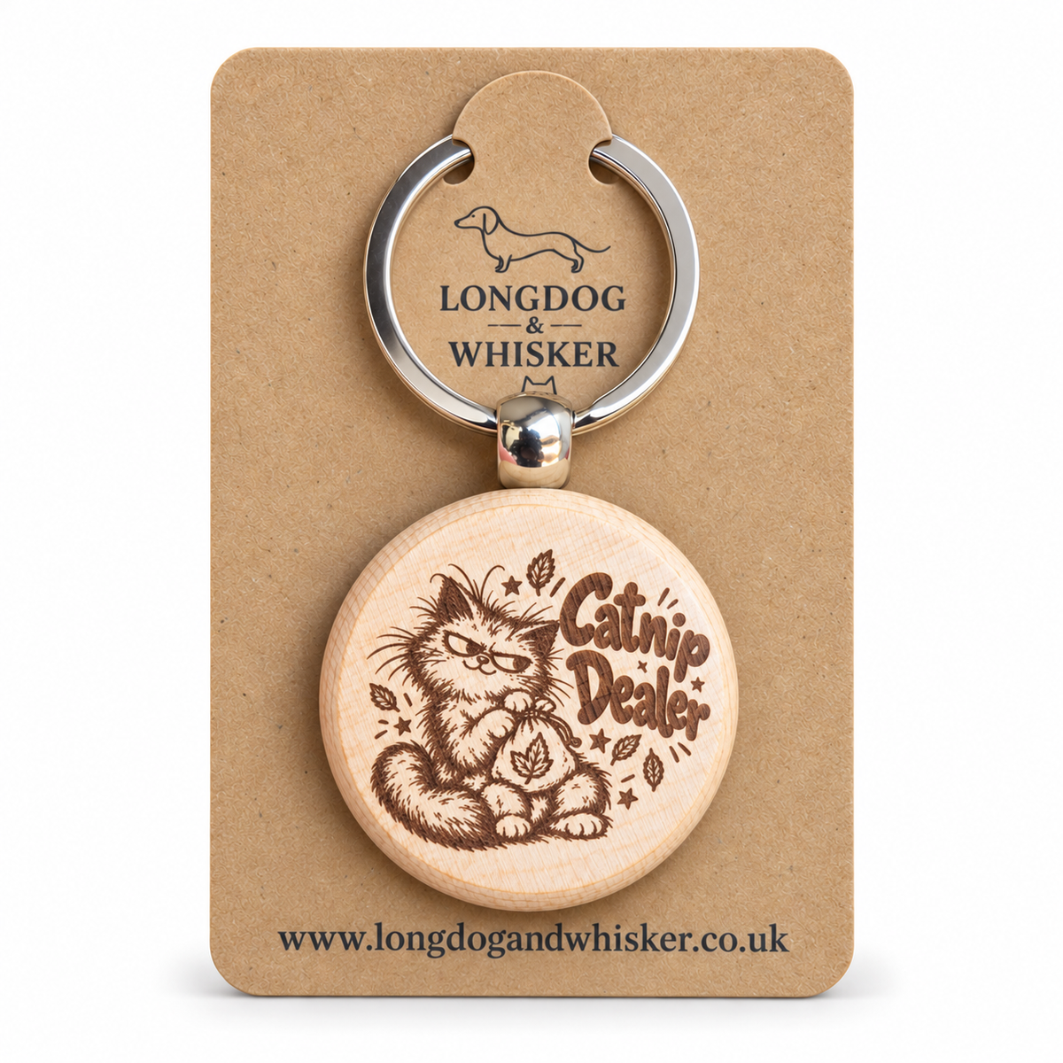 Catnip Dealer cat wooden keyring on a Longdog & Whisker card