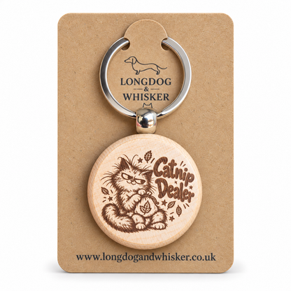 Catnip Dealer cat wooden keyring on a Longdog & Whisker card