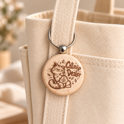 Catnip Dealer wooden cat keyring attached to a cream tote bag