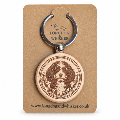 Cavapoo wooden keyring with leafy portrait frame on Longdog & Whisker kraft card