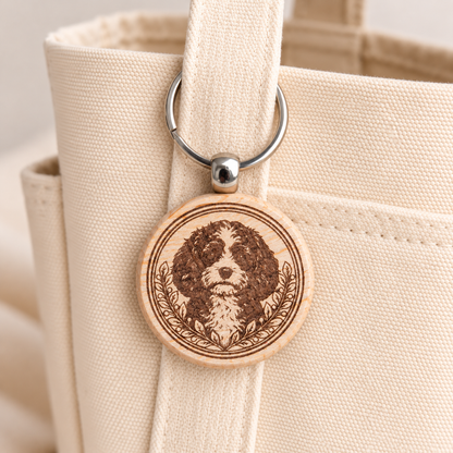 Cavapoo wooden keyring attached to a cream canvas tote handle