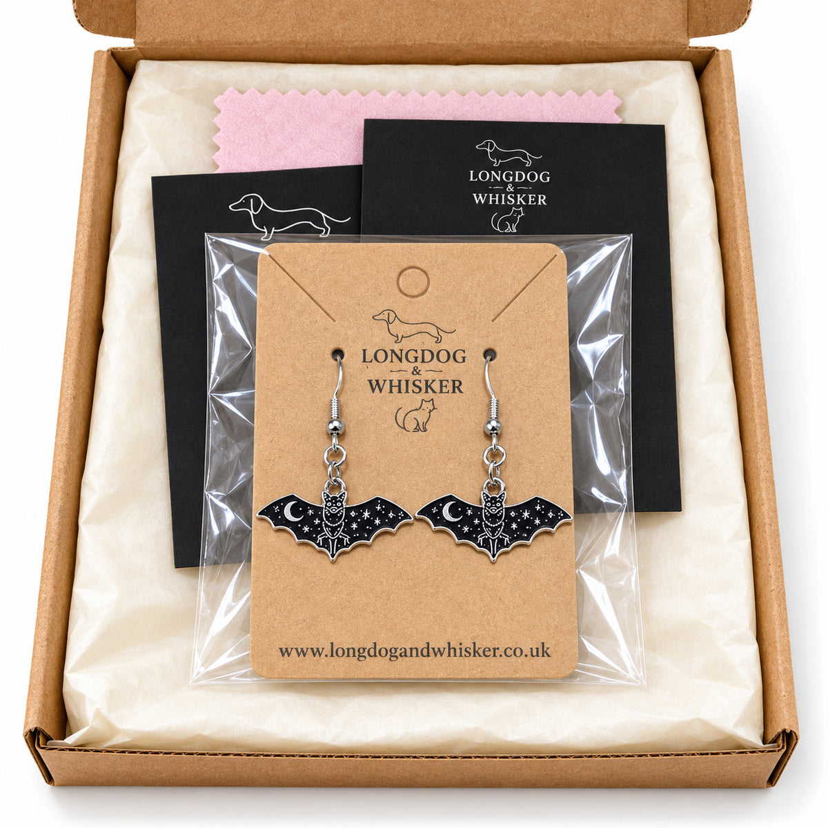 Celestial moon bat drop earrings in gift-ready packaging