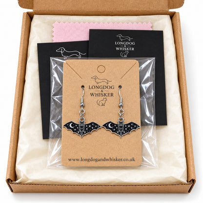 Celestial moon bat drop earrings in gift-ready packaging