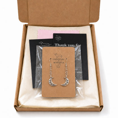 Celestial Moon Earrings in Longdog & Whisker gift packaging